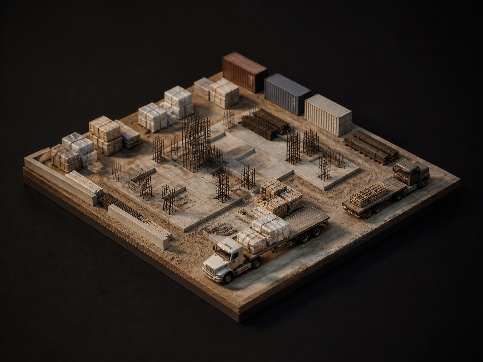 Isometric model showing concrete foundations, rebar cages, containers, and flatbed deliveries.