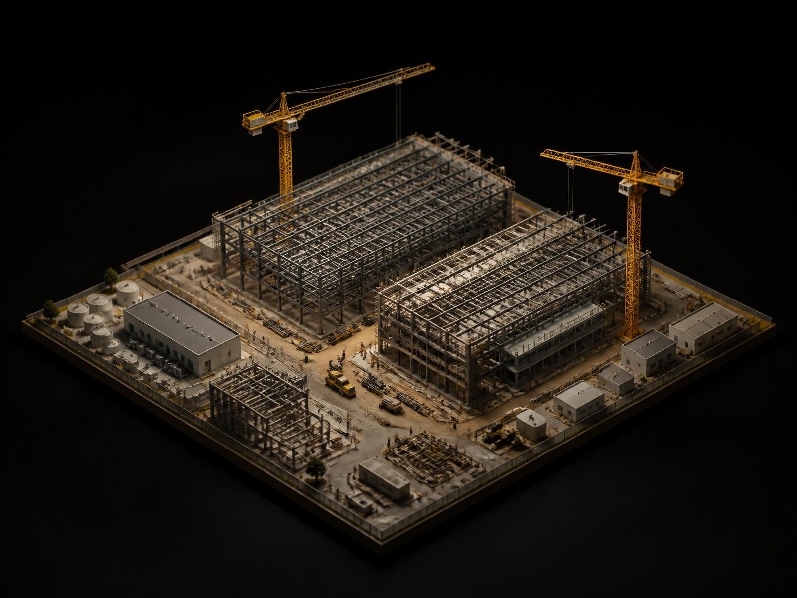 Isometric model of two large steel-frame data halls with tower cranes and surrounding structures.