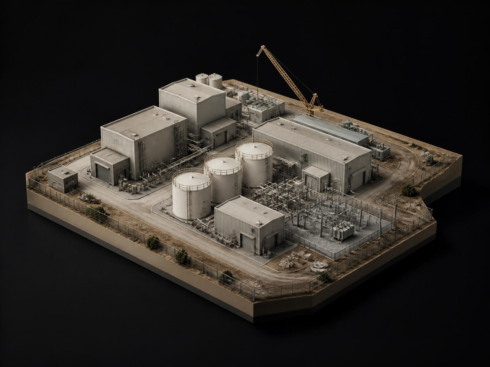 Isometric model of clad industrial buildings with white storage tanks, substation, and one remaining crane.