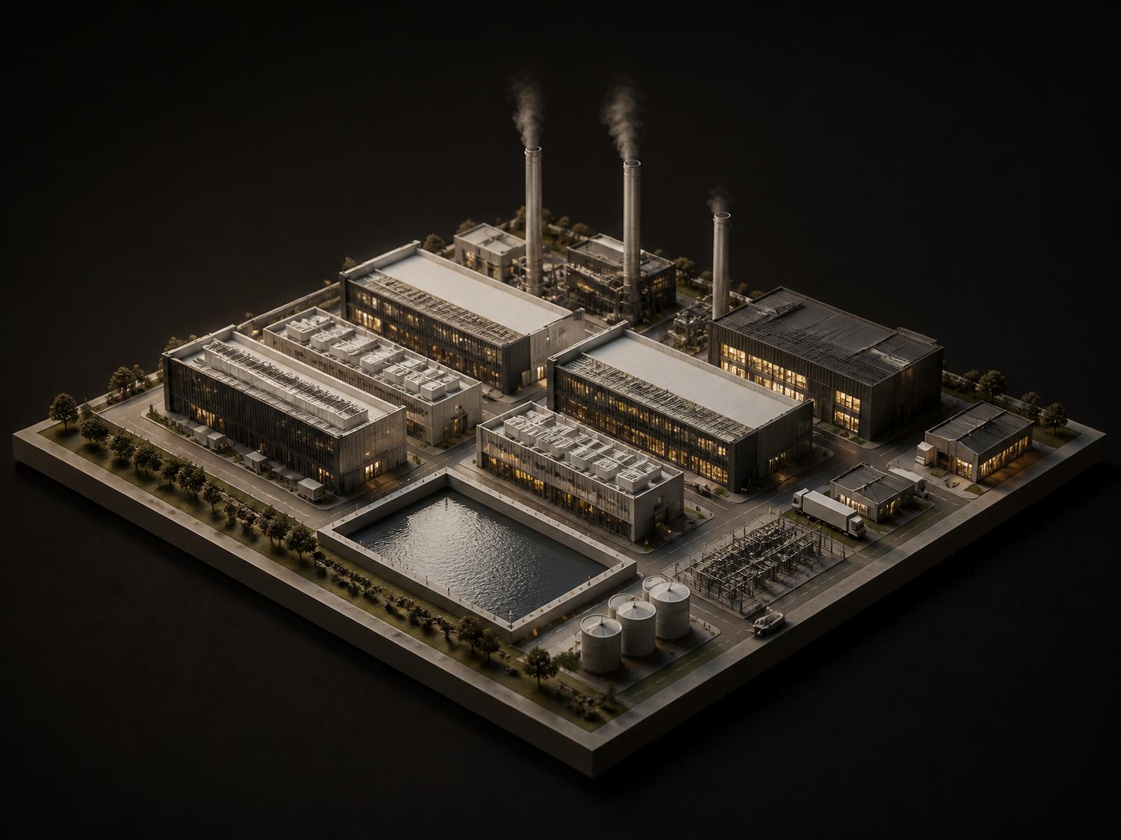 Isometric model of a finished, operational industrial site with data halls, water reservoir, and stacks.